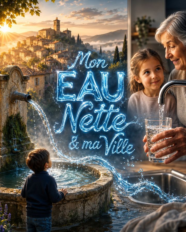 Une fontaine de village provençal dont l'eau devient les mots « Mon EAU Nette & ma Ville », puis rejoint le robinet d'une cuisine où une grand-mère remplit un verre devant sa petite-fille