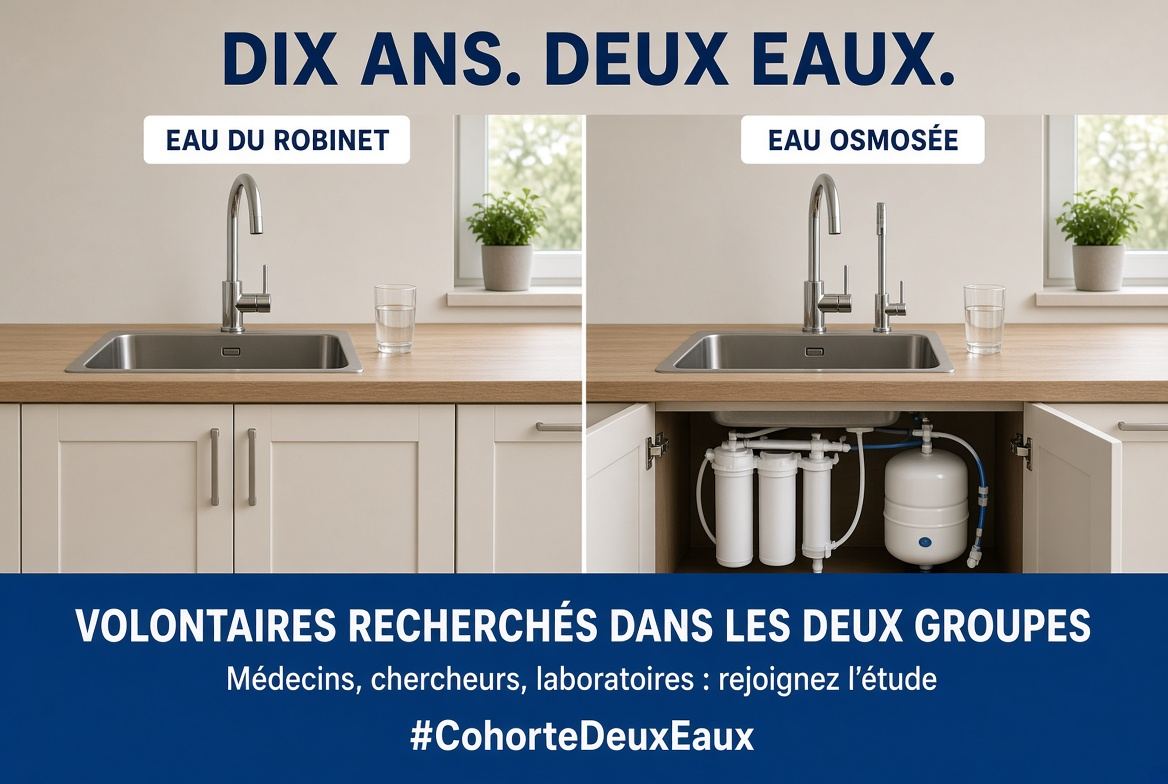 Deux cuisines identiques côte à côte. À gauche, l'eau du robinet. À droite, un osmoseur sous l'évier et un second robinet. En bas : volontaires recherchés dans les deux groupes, hashtag CohorteDeuxEaux.