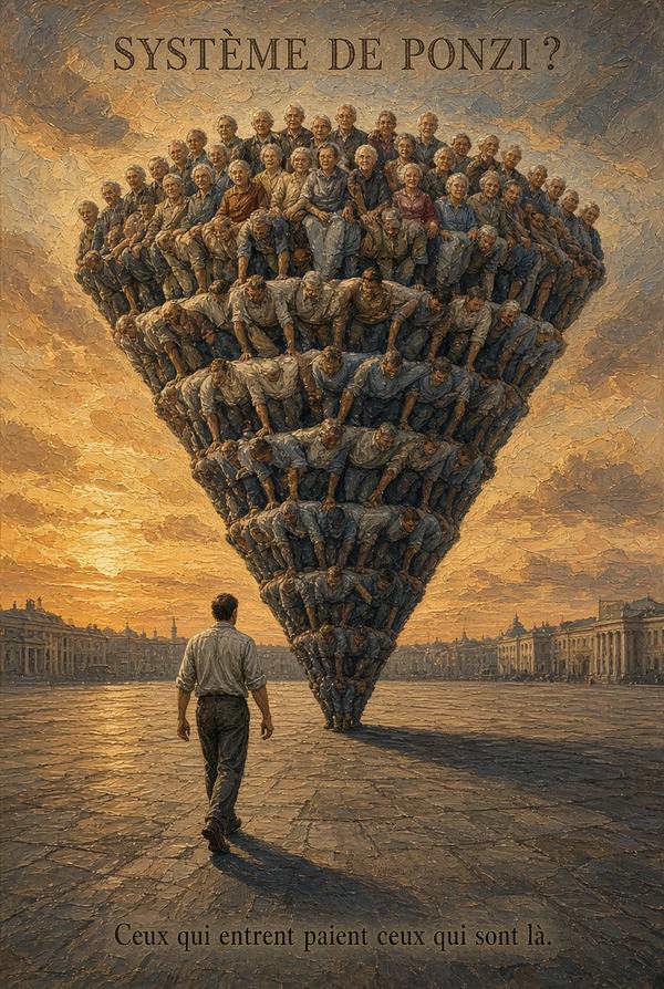 Peinture : une pyramide humaine à l'envers, des personnes âgées assises en haut, de moins en moins de jeunes travailleurs en bas pour tout porter, et un jeune homme qui marche vers la base.