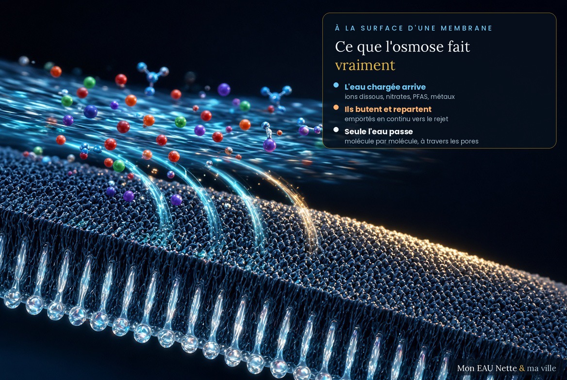 Vue rapprochée de la surface d'une membrane d'osmose inverse : le courant d'eau chargé en ions arrive, les ions butent sur la surface et repartent dans le rejet, et seule l'eau traverse les pores.