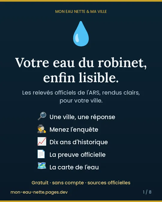 Votre eau du robinet, enfin lisible : Les relevés officiels de l'ARS, rendus clairs, pour votre ville.